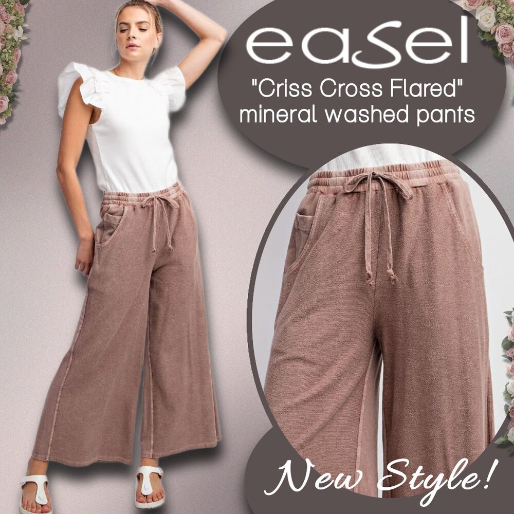 EASEL "Criss Cross" Full Length Mineral Washed Pants, Wide Flared Leg & Pockets